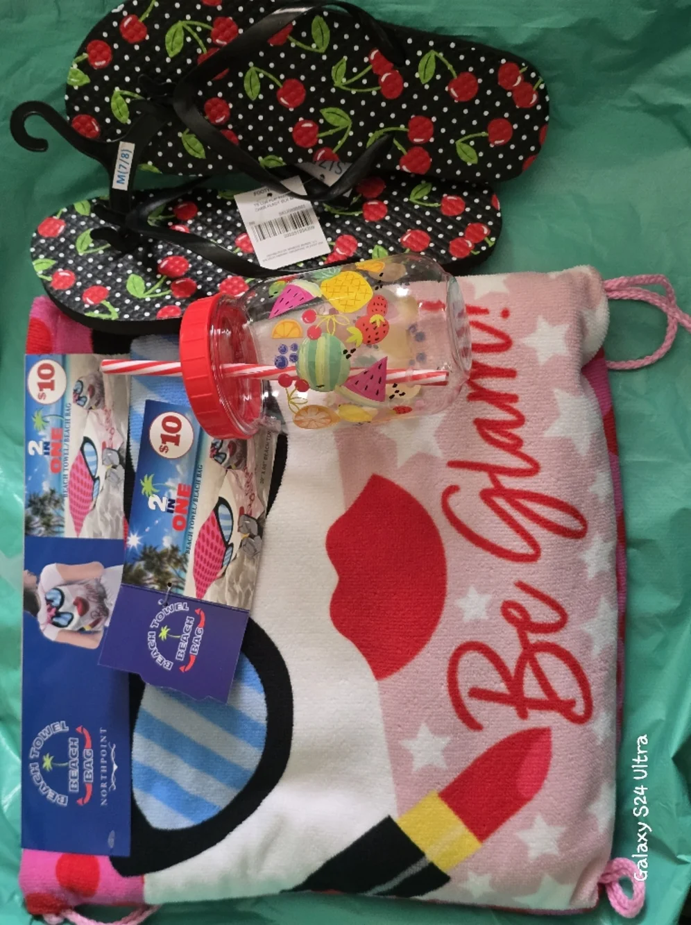 3 Piece Beach/ Pool Set: Towel Bag, Cup, & Flip Flops Sz 7/8 NEW